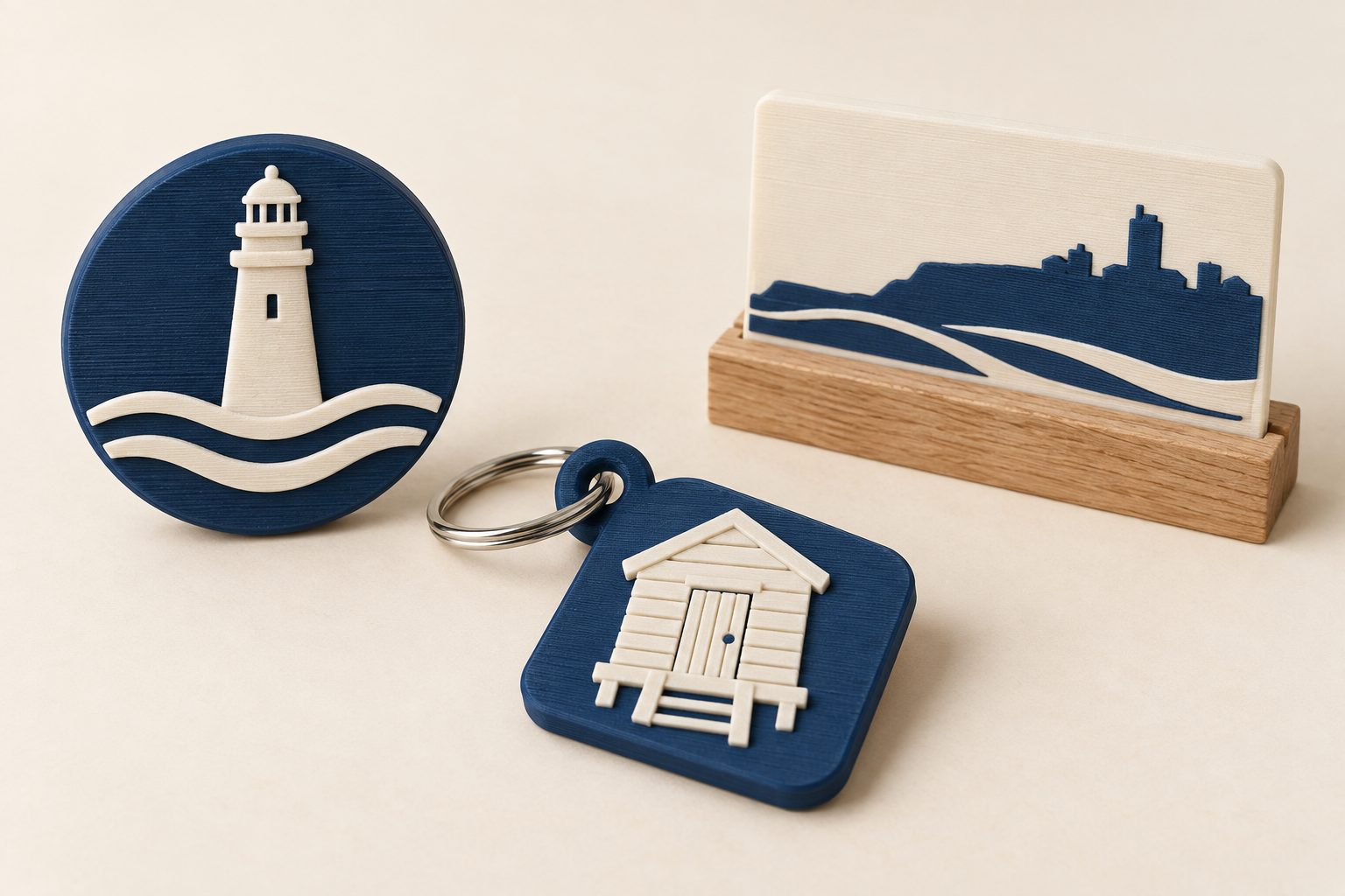 Ontwerpvoorbeeld van een kustcollectie: een vuurtoren-medaillon, een strandhuisje-sleutelhanger en een kustskyline-kaarthouder