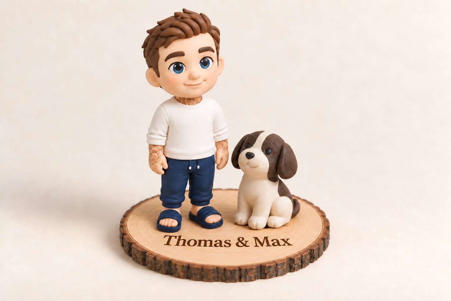 Ontwerpvoorbeeld van een 3D-geprint figuurtje van een persoon met hond op een gegraveerde houten sokkel