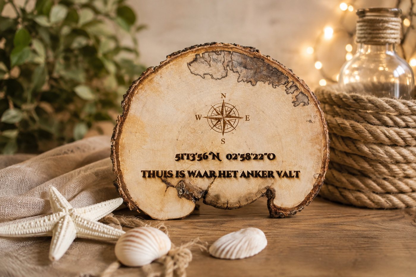 Ronde boomschijf gegraveerd met kompasroos, GPS-co&ouml;rdinaten 51°13'56 N 02°58'22 O en de tekst 'thuis is waar het anker valt'