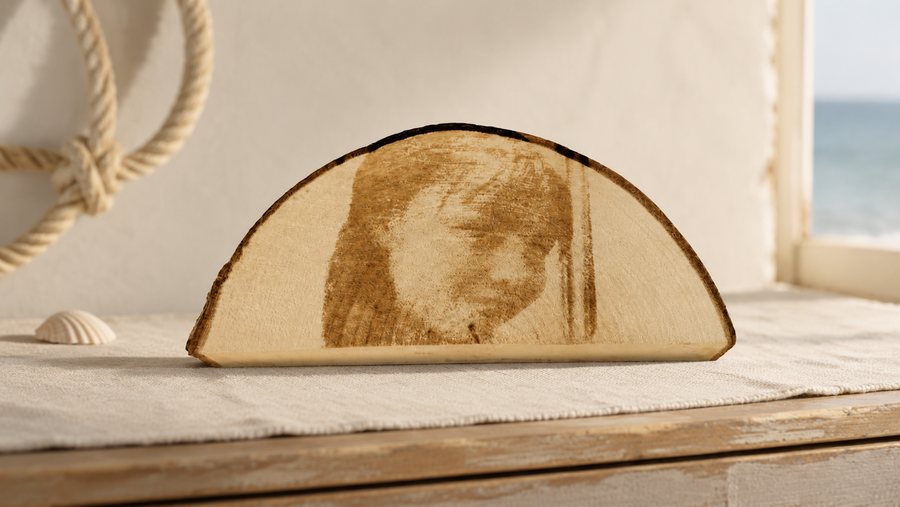Halve boomschijf met portret op een vensterbank, met touw en schelp
