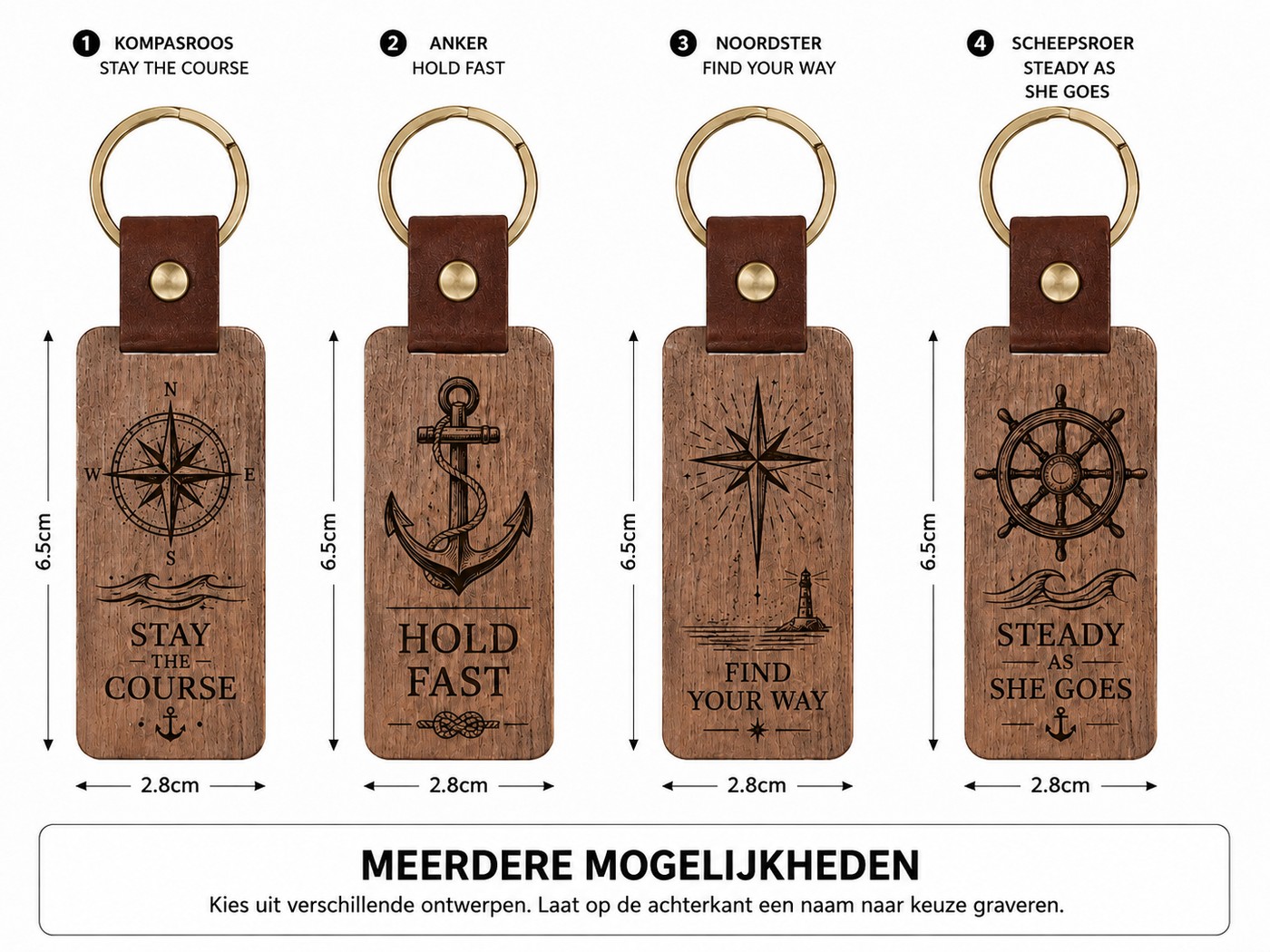 Vier kant-en-klare sleutelhanger-ontwerpen op massief hout: kompasroos met 'stay the course', anker met 'hold fast', noordster met 'find your way' en scheepsroer met 'steady as she goes'