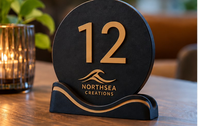 Numéro de table & support — Imprimé en 3D ou gravé dans le bois, avec logo et numéro personnalisés